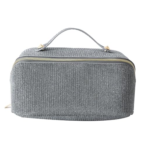 Kosmetiktasche mit extra großer Öffnung, Make-up-Organizer, breiter Reißverschluss, Glitzer, stabiler Griff, Kulturbeutel für, grau, Einheitsgröße von SHINROAD