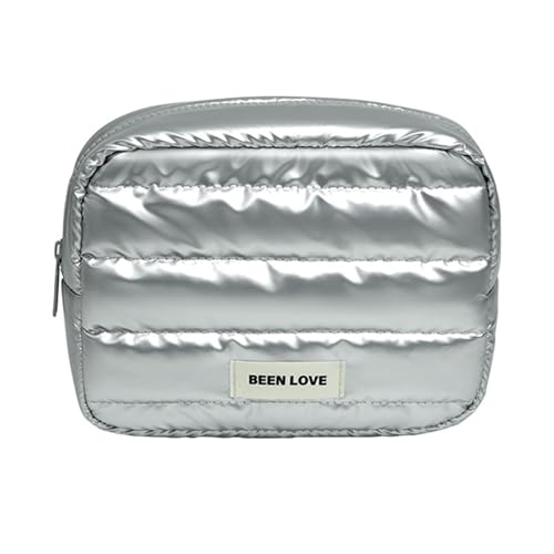 Make -up -Beutel mit PP -Baumwollfüllung wasserdichtes Reisehersteller Frauen gepolstert tragbarer kosmetischer Reißverschluss Weiche Innenschicht Toilettenbeutel für den Heimgebrauch Silber von SHINROAD