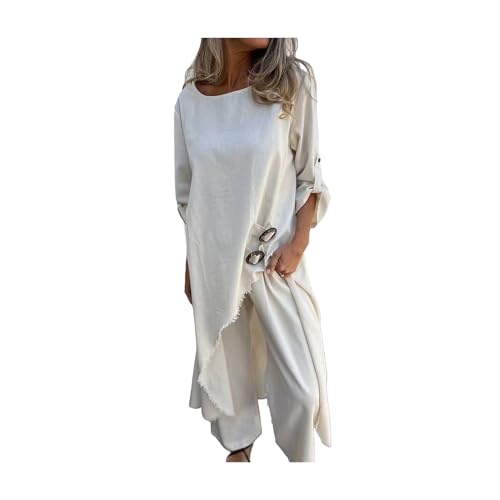 OL Pendlerstil Anzug 2 PCs Frauen Top Hosen Set Neunthülle Unregelmäßige Bluse mit Manschettenknopf Weitbein Hosen Freizeit Outfit für Frühling Solid Beige XXXL von SHINROAD