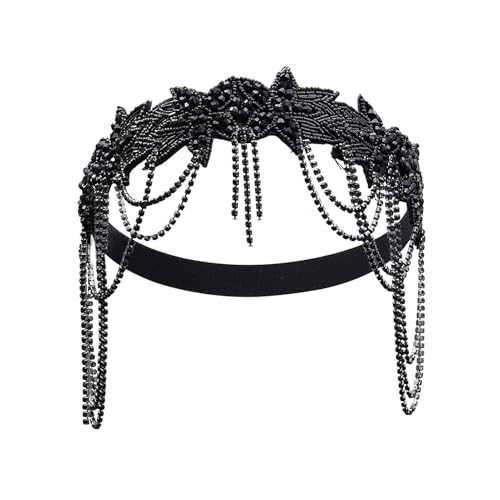 Retro Perlen Haarschmuck Damen Stirnband Glänzende Strasssteine ​​Blumenform Kette Quaste Haarband mit Perlen Dekoration Braut Haarschmuck Schwarz von SHINROAD