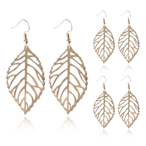 SHINROAD 3 Paar Damen-Ohrringe, dekorativ, elegant, ausgehöhlt, Baumblätter, Haken-Ohrringe, Metall, Sekundärer Stein von SHINROAD