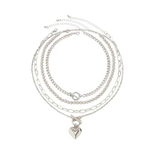 SHINROAD Aussage Anhänger Halskette Versatile Women 4pcs/Set Heart Round Paper Clip -Kette Elektroplattiert einstellbar Silber von SHINROAD