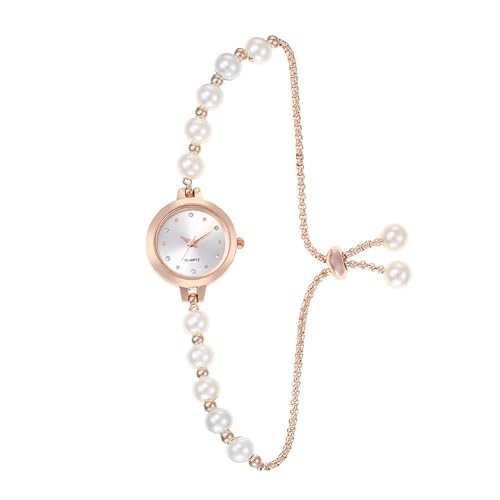 SHINROAD Damen-Armbanduhr mit Strasssteinen und verstellbarem Armband aus Kunstperlen, rundes Zifferblatt, lässig, formell, Quarz-Schmuck, Weiß (1), Zifferblatt-Stil von SHINROAD