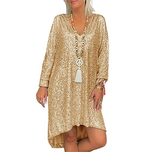 SHINROAD Damen Pailletten Kleid V-Ausschnitt Langarm Hoch-niedriger Saum Herbstkleid Glänzend Übergröße Freizeitkleid Kleidung Golden M von SHINROAD