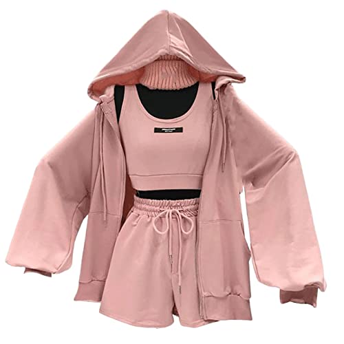 SHINROAD Damen Weste Shorts Pullover Set mit Hut Reißverschluss Tasche Langarm Female Mantel Shorts Weste Set Rosa M von SHINROAD