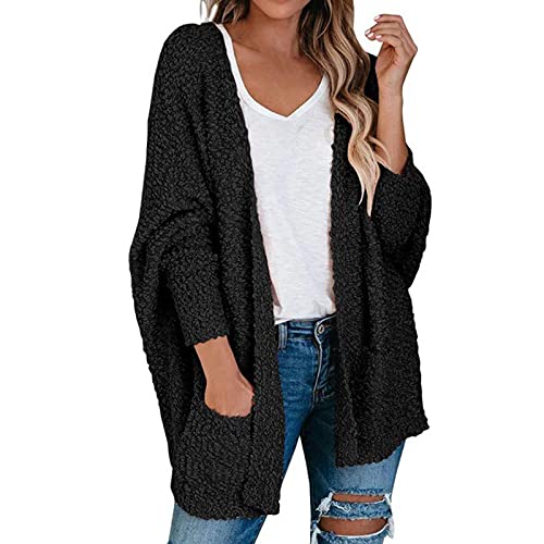 SHINROAD Einfarbige Damen-Strickjacke, Fledermaus-Design, lange Ärmel, Cardigan für Herbst und Winter, offene Vorderseite, Schwarz, M von SHINROAD