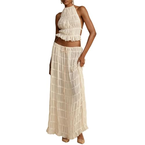 SHINROAD Frauen Neckholder Crop Top Rückenfrei Strand Frauen Bohemian Tropical Rock Anzug Schulterfrei Set für Sommer Maxi Outfit, aprikose, S von SHINROAD