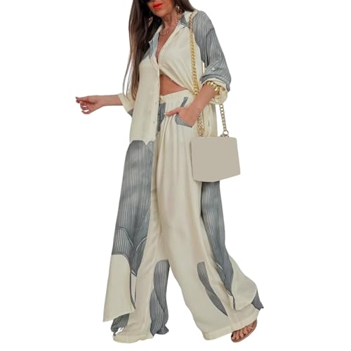 SHINROAD Frauen im Gegensatz zu Farbanzug mit Weitbein-Hosen V-Ausschnitt Patchwork gedruckt Top Hosen Set Casual Zwei-teiliger Outfit mit extra Länge für das tägliche Pendeln Aprikose XXL von SHINROAD