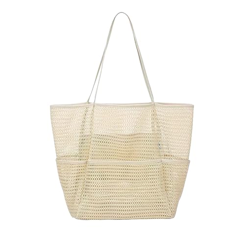 SHINROAD Große Kapazität Strandtasche Schulter mit mehreren Fächern Damen Tote Multi-Fach Mesh Handtuch Aufbewahrung Wasserflaschenhalter, beige, Einheitsgröße von SHINROAD