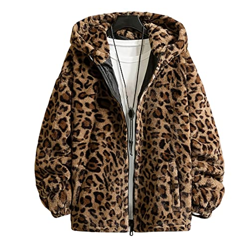 SHINROAD Herren Leopard Mantel Langarm Taschen Reißverschluss Winter Verdickte Doppelseitige Plüsch Kapuzenjacke Oberbekleidung Leopard M von SHINROAD