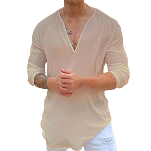 SHINROAD Herren Top T-Shirt Tiefer V-Ausschnitt Indoor Dress Up Casual Outdoor Firm Stitching Sommer Shirt für das tägliche Leben Khaki M von SHINROAD