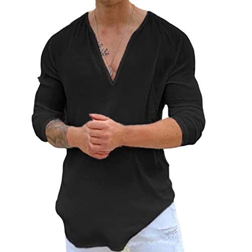 SHINROAD Herren Top T-Shirt Tiefer V-Ausschnitt Indoor Dress Up Casual Outdoor Firm Stitching Sommer Shirt für das tägliche Leben Schwarz 3XL von SHINROAD