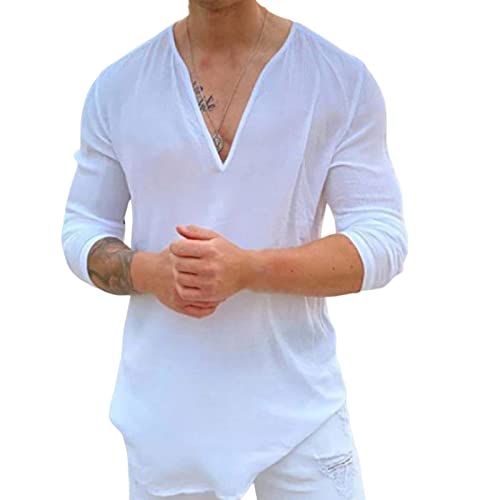 SHINROAD Herren Top T-Shirt Tiefer V-Ausschnitt Indoor Dress Up Casual Outdoor Firm Stitching Sommer Shirt für das tägliche Leben Weiß M von SHINROAD