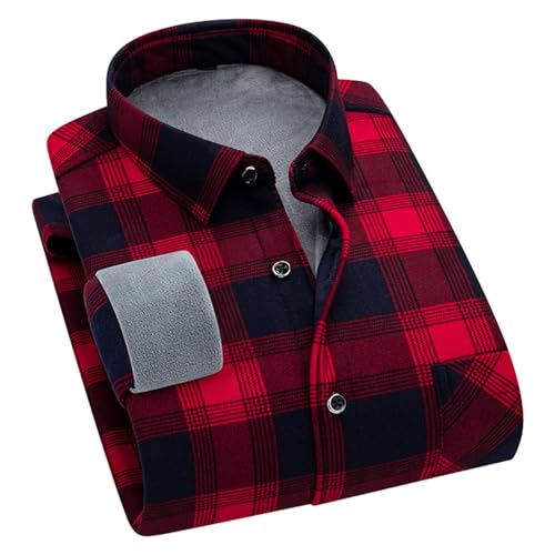 SHINROAD Herren Winter Hemd Herren Winter Herbst Plaid Print Kontrastfarbe Revers Langarm Dicker Plüsch Formal Business Hemd Langarm Geknöpft Hemd, rot, XXXX-Large von SHINROAD