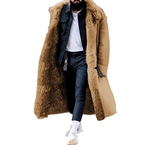 SHINROAD Herren langer Mantel Winter Mantel Kunstfell Dicke Lange Ärmel Taschen Warm Übergröße Knöpfe Outdoorjacke Khaki XL von SHINROAD