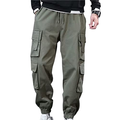 SHINROAD Herrenhose mit Knöchelband und lockerem Fleece, bequem, elastischer Bund, dick, atmungsaktiv, Cargohose mit mehreren Taschen, für Schule, Arbeit, Straßentanz, Armeegrün, Größe XL von SHINROAD