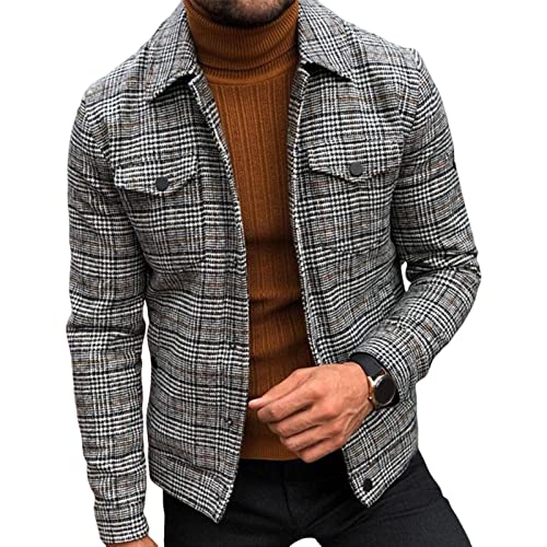 SHINROAD Herrenjacke Mantel Plaid Kleidung Lange Ärmel Revers Warm Slim Cardigan Männer Frühlingsmantel für Alltag Grau M von SHINROAD