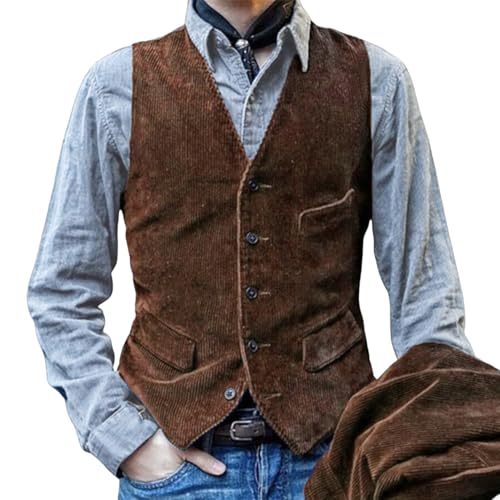 SHINROAD Herrenweste im Retro-Stil, Cord-Weste mit V-Ausschnitt, ärmellos, einreihig, einfarbig, schmale Passform, braun, XL SHINROAD Herrenweste im Retro-Stil, Cord-Weste mit V-Ausschnitt, ärmellos, einreihig, einfarbig, schmale Passform, braun, XL von SHINROAD