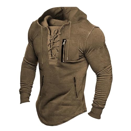 SHINROAD Lace Up Kordelzug Hoodie Herren Herbst Frühling Top Einfarbig Langarm Reißverschluss Taschen Pullover Streetwear Weich Atmungsaktiv Mittellang Männer, braun, 3XL von SHINROAD