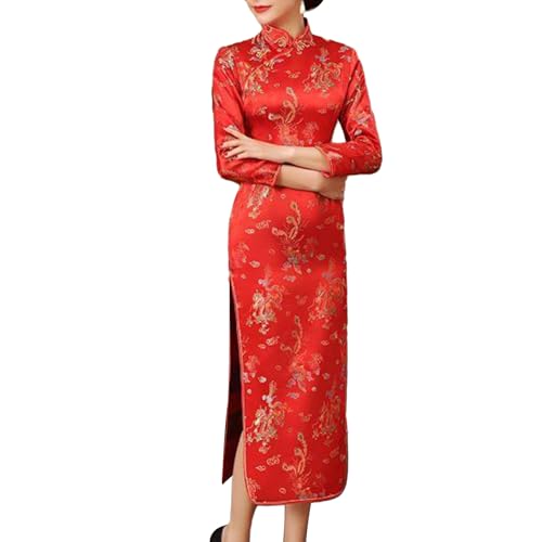 SHINROAD Langärmeliges Cheongsam traditionelles chinesisches Qipao-Kleid für Damen, klassischer Vintage-Blumendruck, Stehkragen, lange Ärmel, seitlich geteilt, knöchellang, Rot 1, XXL von SHINROAD
