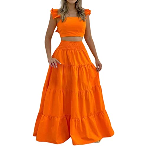 SHINROAD Langes Damenkleid Set für Damen, kurzes Oberteil, bodenlang, fliegende Ärmel, weicher Sommerrock, Set für Abschlussball, Dunkelorange, M von SHINROAD