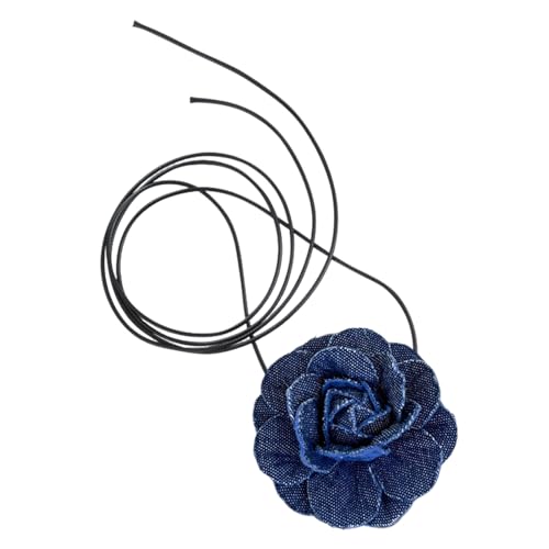SHINROAD Modische Rosen-Halskette, 2 Stück, Denim-Blau, Choker mit künstlicher Kamelienblume, Schnür-Design, trendiges Halszubehör für, Denim, Sekundärer Stein von SHINROAD