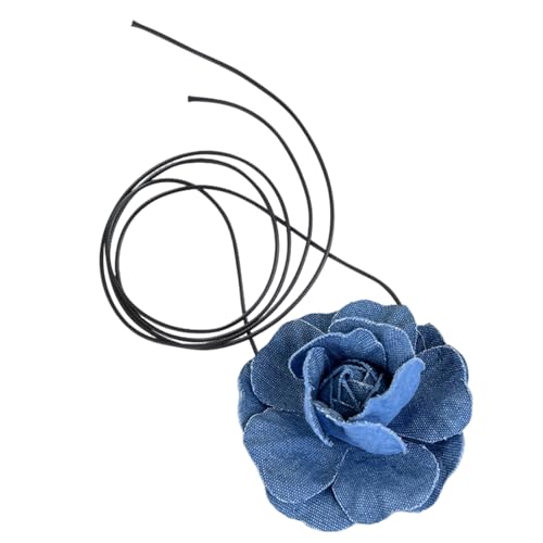 SHINROAD Modische Rosen-Halskette, 2 Stück, Denim-Blau, Choker mit künstlicher Kamelienblume, Schnür-Design, trendiges Halszubehör für, Denim, Sekundärer Stein von SHINROAD