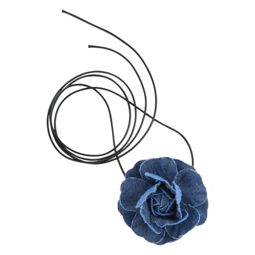SHINROAD Modische Rosen-Halskette, 2 Stück, Denim-Blau, Choker mit künstlicher Kamelienblume, Schnür-Design, trendiges Halszubehör für, Denim, Sekundärer Stein von SHINROAD