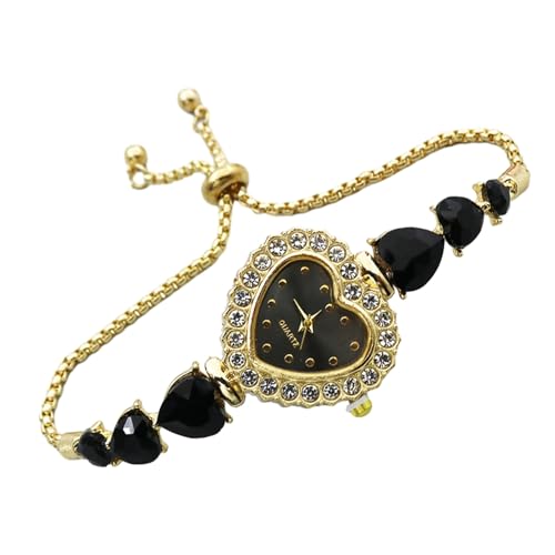 SHINROAD Quarzuhr für Frauen Herzförmiges Zifferblatt Damen Herzförmiges Armband mit Strass Verstellbar Schieber Armbanduhr Elegant, Schwarz , Zifferblatt-Stil von SHINROAD