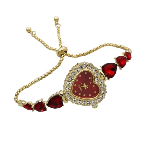 SHINROAD Quarzuhr für Frauen Herzförmiges Zifferblatt Damen Herzförmiges Armband mit Strass Verstellbar Schieber Armbanduhr Elegant, rot, Zifferblatt-Stil von SHINROAD