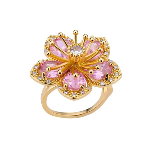 SHINROAD Ring mit Blumendesign Exquisite blumförmige glänzende kubische Zirkonia-Formfinger für Frauen verstellbares Verarbeitungsmittel floral gemustertes Schmuckstück Hell-Pink von SHINROAD