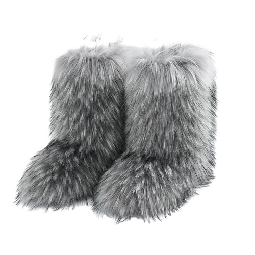 SHINROAD Rutschfeste Sohle Frauen Stiefel Furry Damen Kunstpelz Plüsch Mitte Wade Schnee mit bequemem Innenfutter Warme Winterschuhe für Täglich, grau, 41 EU von SHINROAD