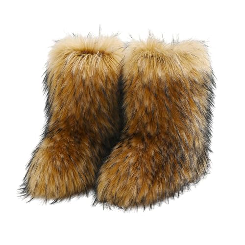 SHINROAD Rutschfeste Sohle Frauen Stiefel Furry Damen Kunstpelz Plüsch Mitte Wade Schnee mit bequemem Innenfutter Warme Winterschuhe für Täglich, hellbraun, 38 EU von SHINROAD