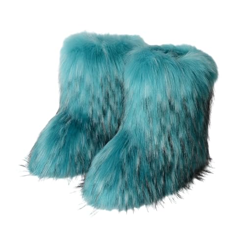 SHINROAD Rutschfeste Sohle Frauen Stiefel Furry Damen Kunstpelz Plüsch Mitte Wade Schnee mit bequemem Innenfutter Warme Winterschuhe für Täglich, seeblau, 39 EU von SHINROAD