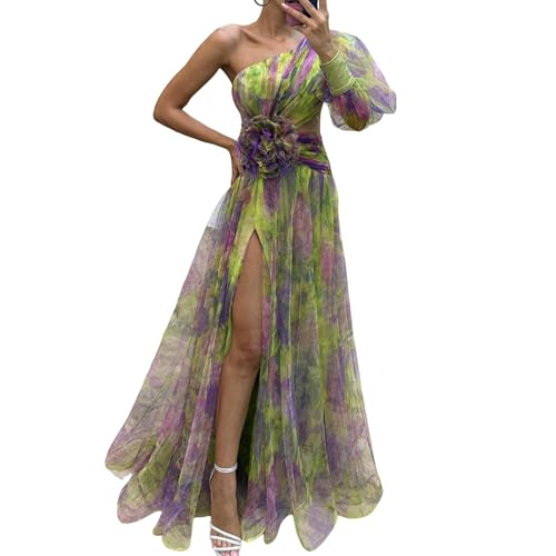 SHINROAD Schulterfrei A-Linie Abendkleid Tie-Dye Print Damen Elegant Blume One Shoulder mit Doppellagigen Mesh Bubble Sleeves Split Hem Bodenlang, grün, S von SHINROAD