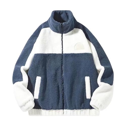 SHINROAD Stehkragen Herren Jacke Herbst Winter Männer Dicker Samt Voller Reißverschluss Color-Blockierung Plüsch Gefüttert Seitentaschen Hip-Hop-Stil Mantel für einen Look Stand, blau, M von SHINROAD