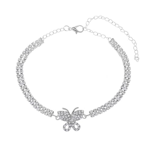 SHINROAD Unregelmäßiger Rhombus-Kaket-Frauen-Doppelschicht-Strass mit Verstellbarer Länge Schmetterlingsanhänger-Legierungs-Knöchelschmuck für Strandfeiern täglich Silber von SHINROAD