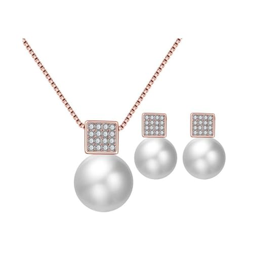 SHINROAD Verstellbare Kette Halskette Ohrringe Set Exquisite Damen mit Kunstperlen Inlay Glänzender Strass Anhänger Eleganter Anti-Rost-Schmuck, Metalllegierung, Sekundärer Stein von SHINROAD