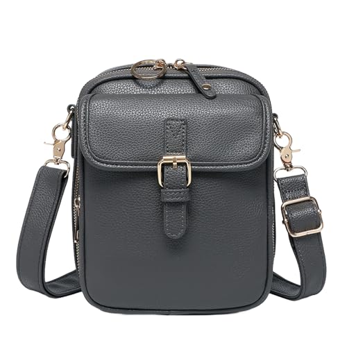 Sicherer Reißverschluss Crossbody Geldbörse Tasche mit verstellbarem Riemen Damen Kunstleder Mini Retro Stil Schulter versteckte Zwischenschicht Karte, grau, Einheitsgröße von SHINROAD