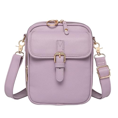 Sicherer Reißverschluss Crossbody Geldbörse Tasche mit verstellbarem Riemen Damen Kunstleder Mini Retro Stil Schulter versteckte Zwischenschicht Karte, hellviolett, Einheitsgröße von SHINROAD