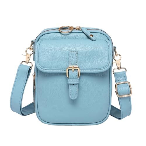 Sicherer Reißverschluss Crossbody Geldbörse Tasche mit verstellbarem Riemen Damen Kunstleder Mini Retro Stil Schulter versteckte Zwischenschicht Karte, himmelblau, Einheitsgröße von SHINROAD