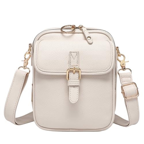 Sicherer Reißverschluss Crossbody Geldbörse Tasche mit verstellbarem Riemen Damen Kunstleder Mini Retro Stil Schulter versteckte Zwischenschicht Karte, weiß, Einheitsgröße von SHINROAD