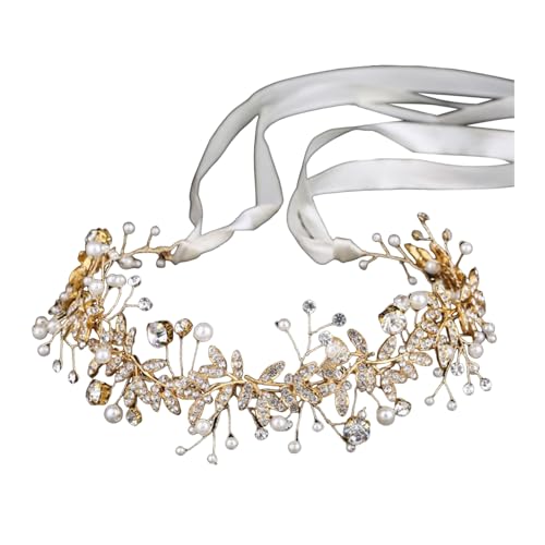 Strass-Stirnband für Mädchen, Haarschmuck für Damen, Retro-Strass, Blume, Blatt, Kunstperlen, Schleife, Haarband, Brautschmuck, Hochzeit, goldfarben von SHINROAD