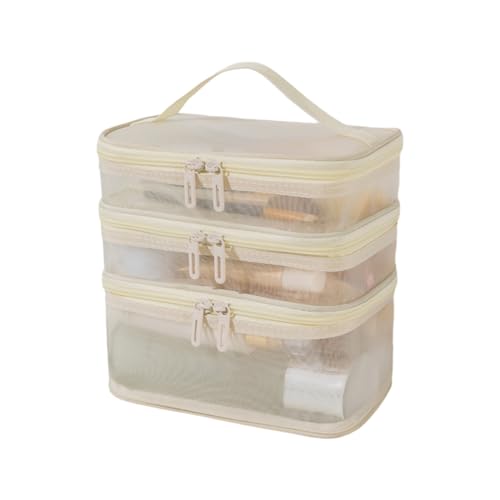 Transparente Kosmetiktasche mit Reißverschluss, Netztasche, mehrschichtige Tasche mit sichtbarem Reißverschluss, Tragegriff, Reise-Make-up-Organizer für Klassifizierung, Beige von SHINROAD