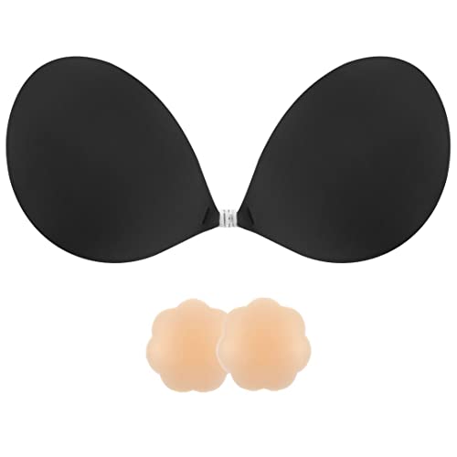 SHINYMOD Klebe BH Push Up, Trägerloser BH Rückenfrei, Strapless Bra Rückenfreier Silikon Unsichtbarer Selbstklebend BH Ohne Träger Mit 2Pcs Nippelpads, Schwarz E von SHINYMOD