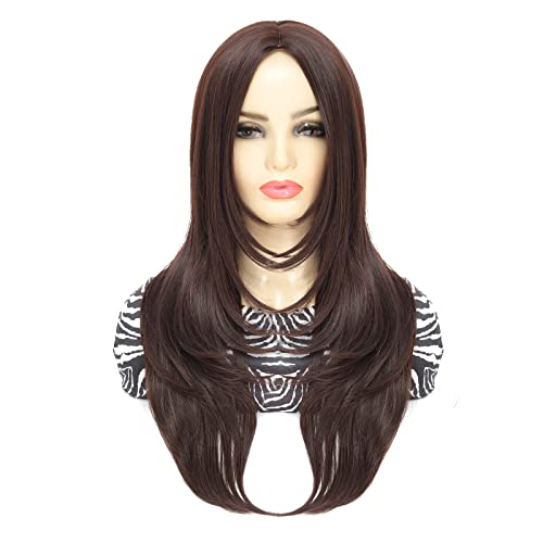 SHINYSHOW Nature Brown Wig for Women Long Synthetic Wig with Wavy Ends 22 Inch Natural Wave Cosplay Wig Glueless Heat Resistant Costume Wig Daily Wear Middle Part Full Wig von SHINYSHOW