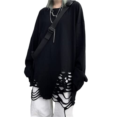Herren Damen Y2K Gothic Ripped Raw Hem Sweatshirt Oversize Korean Emo Punk Langarm Top Shirt Dark Academia Grunge Bluse, Schwarz, XXL von SHINsuke