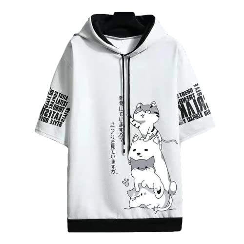 Herren Kawaii Anime Kurzarm Kapuzenpullover Japanische Niedliche Katze Miau T-Shirt Koreanische adrettige Bluse Tops Kleidung Frühling Sommer Unisex, Weiss/opulenter Garten, L von SHINsuke