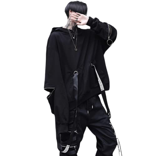 Herren Y2K Gothic Hoodie Dark Academia Punk Kapuzen-Sweatshirt Emo Alt Hiphop Grunge Streetwear mit Kette Tech Style Kleidung, Schwarz, Large von SHINsuke