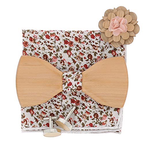 SHIPITNOW Helles Hölzfliege und Manschettenknöpfe Herren Holz - Einstecktuch Blumen Rosa - Wird in einer Geschenkbox aus Holz verkauft von SHIPITNOW